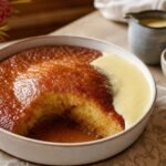 Warm South African malva pudding with glossy caramel sauce and vanilla custard.