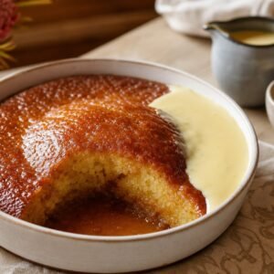 Warm South African malva pudding with glossy caramel sauce and vanilla custard.
