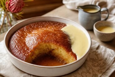 Warm South African malva pudding with glossy caramel sauce and vanilla custard.