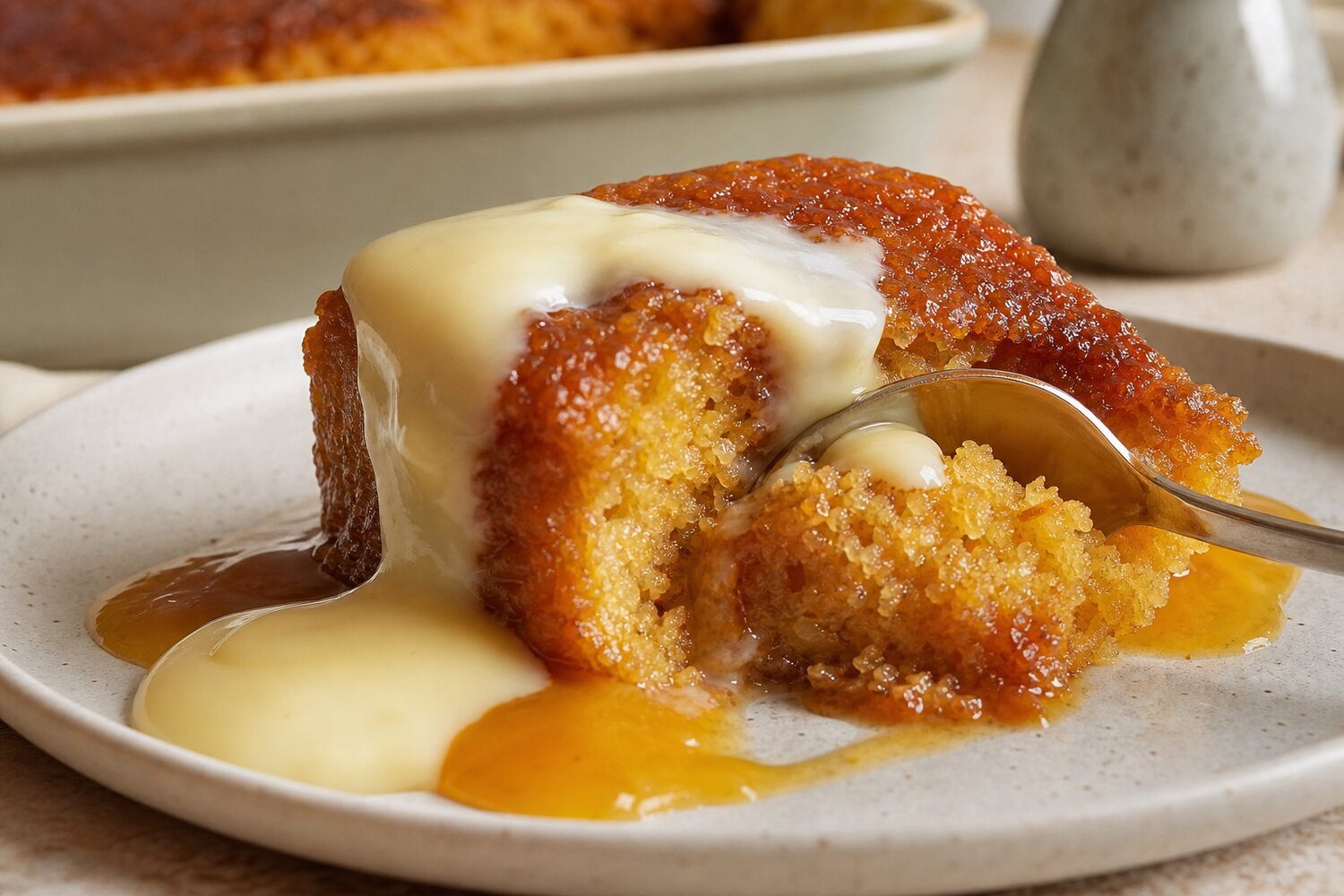Close-up spoonful of South African malva pudding with apricot sauce and vanilla custard.
