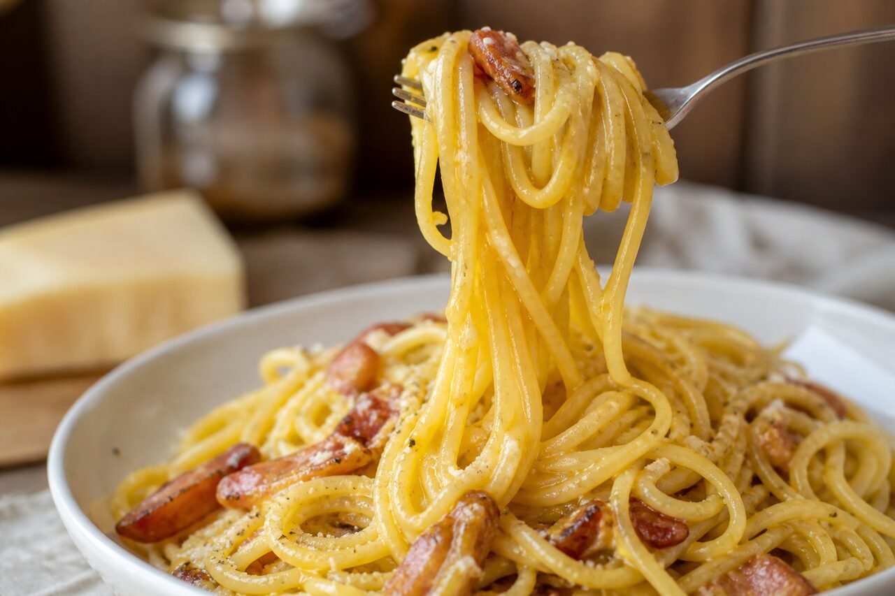 A forkful of fresh spaghetti alla carbonara showing silky egg and Pecorino sauce, guanciale, and black pepper.