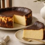 A slice of Basque burnt cheesecake with a dark caramelized top and creamy center.