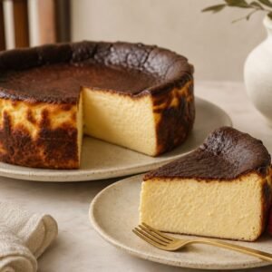 A slice of Basque burnt cheesecake with a dark caramelized top and creamy center.