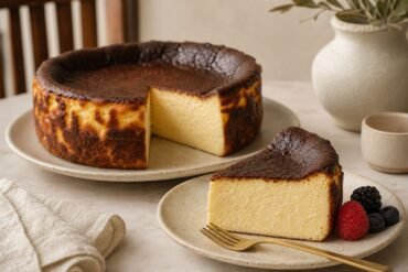 A slice of Basque burnt cheesecake with a dark caramelized top and creamy center.