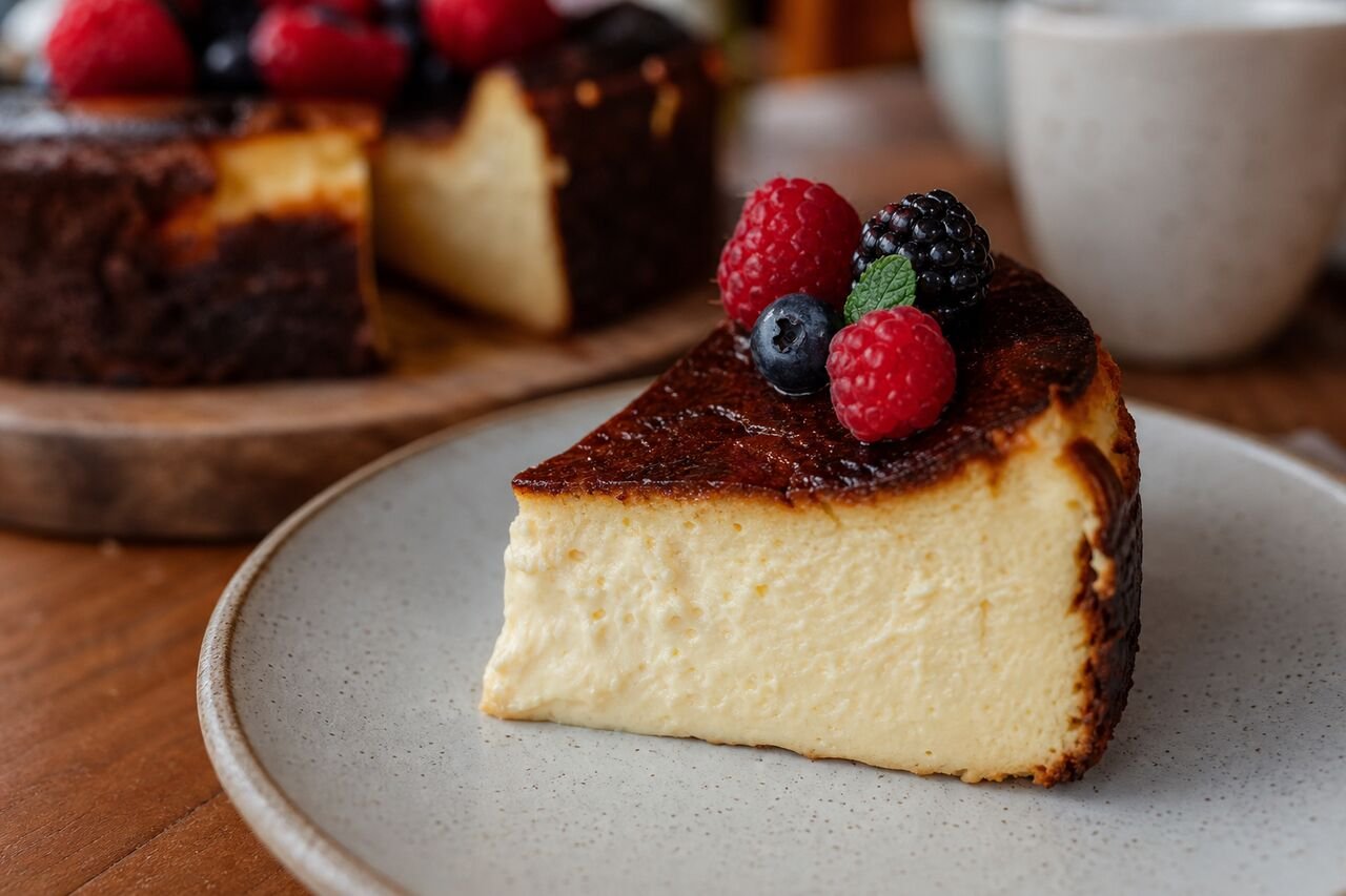 Creamy Spanish Basque cheesecake slice with a deeply caramelized top and berries.