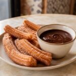 Spanish churros dusted with sugar beside a cup of thick dark chocolate.