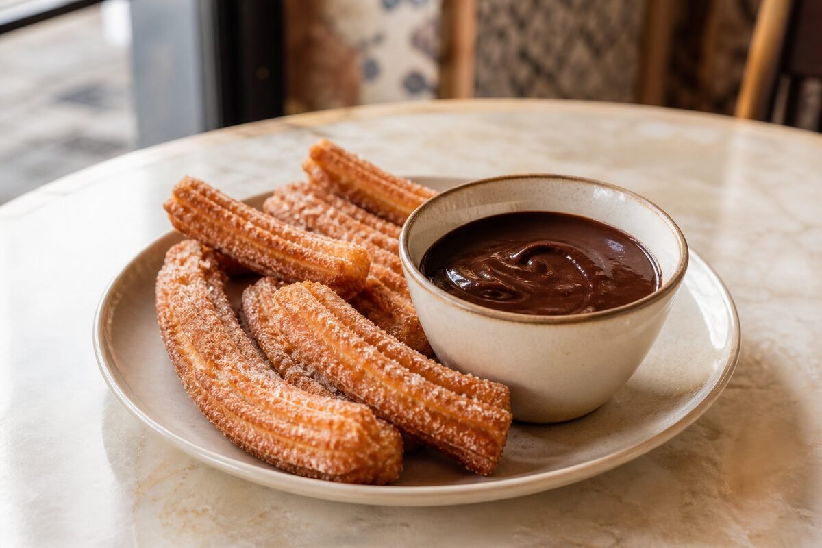 Spanish churros dusted with sugar beside a cup of thick dark chocolate.