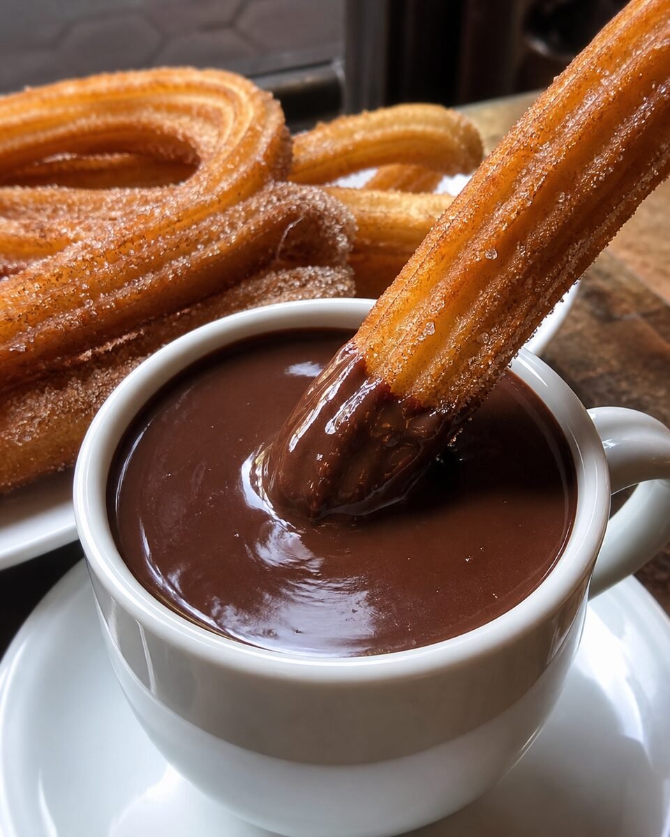 Close serving of Spanish churros with a crisp ridged pastry dipped into thick hot chocolate.