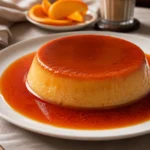 Silky Spanish flan unmolded with glossy caramel sauce on a white plate.