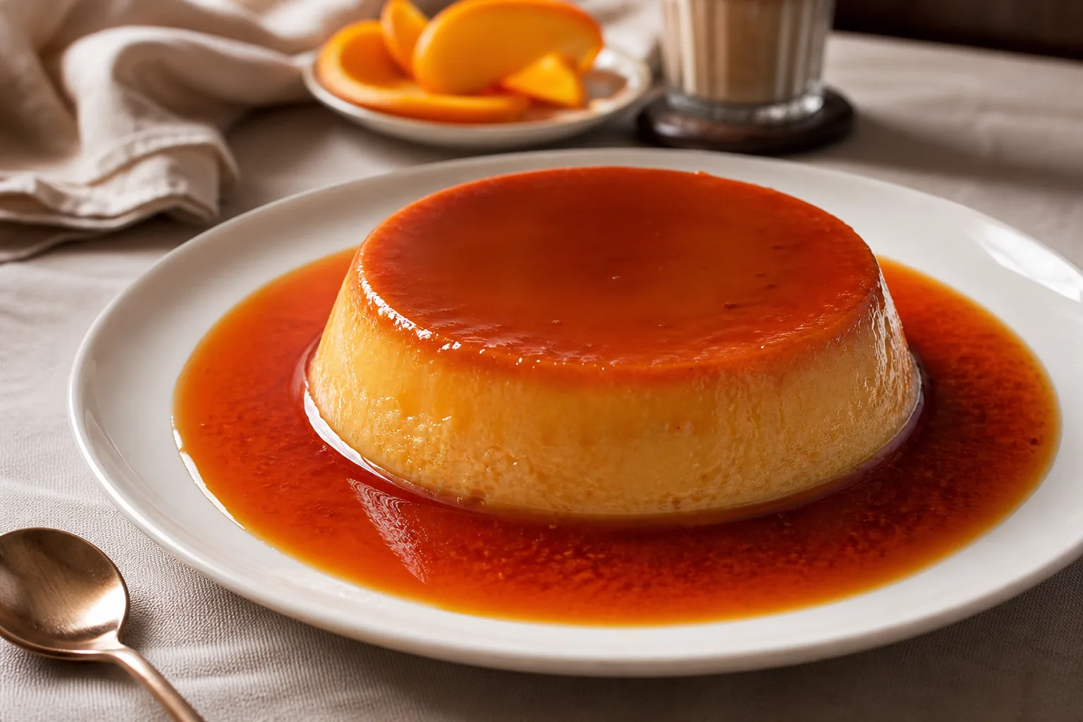 Silky Spanish flan unmolded with glossy caramel sauce on a white plate.