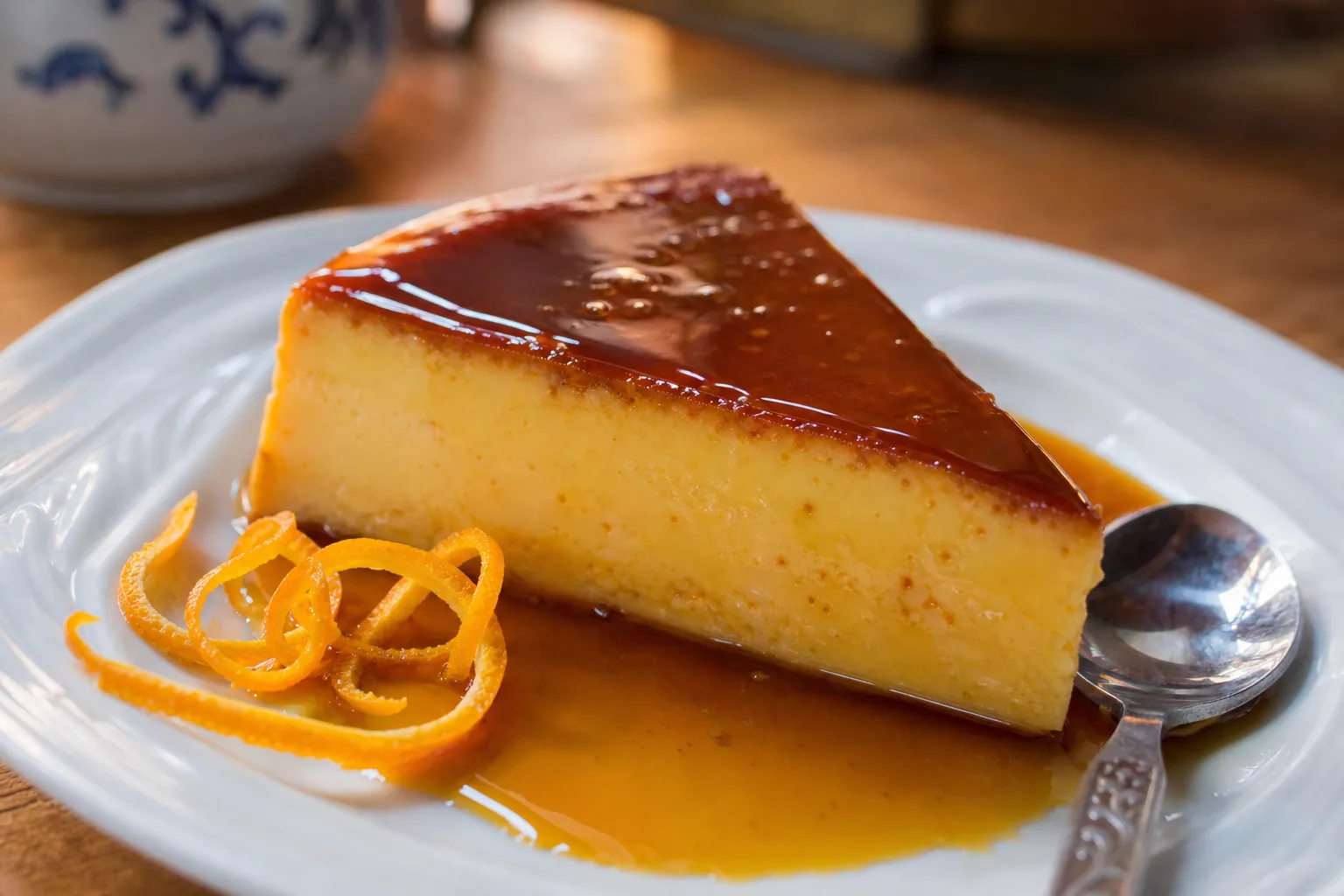 A close-up slice of Spanish flan showing smooth custard and amber caramel with orange zest.