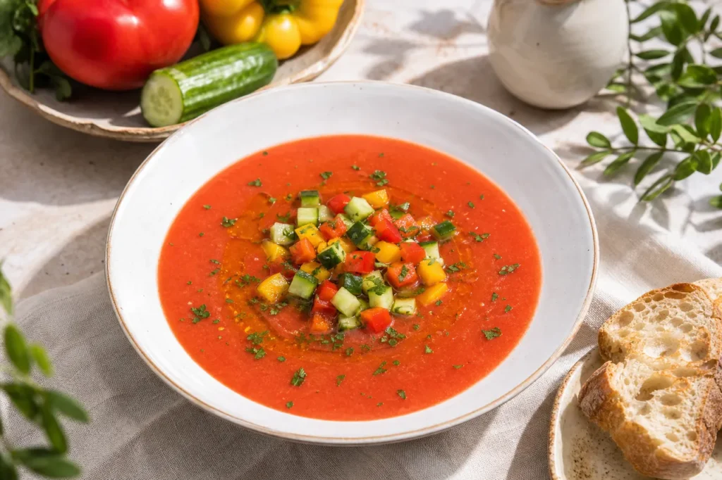 A bowl of Spanish gazpacho with tomato-red chilled soup, cucumber, bell pepper, olive oil, herbs, and crusty bread.