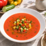 A bowl of Spanish gazpacho with tomato-red chilled soup, cucumber, bell pepper, olive oil, herbs, and crusty bread.
