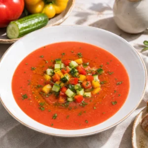 A bowl of Spanish gazpacho with tomato-red chilled soup, cucumber, bell pepper, olive oil, herbs, and crusty bread.