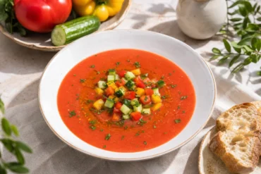 A bowl of Spanish gazpacho with tomato-red chilled soup, cucumber, bell pepper, olive oil, herbs, and crusty bread.