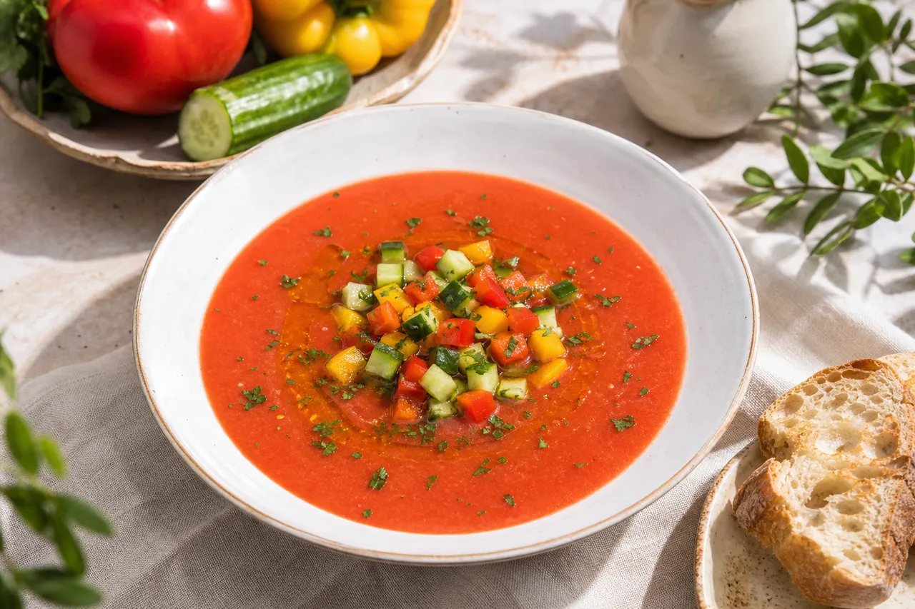 A bowl of Spanish gazpacho with tomato-red chilled soup, cucumber, bell pepper, olive oil, herbs, and crusty bread.