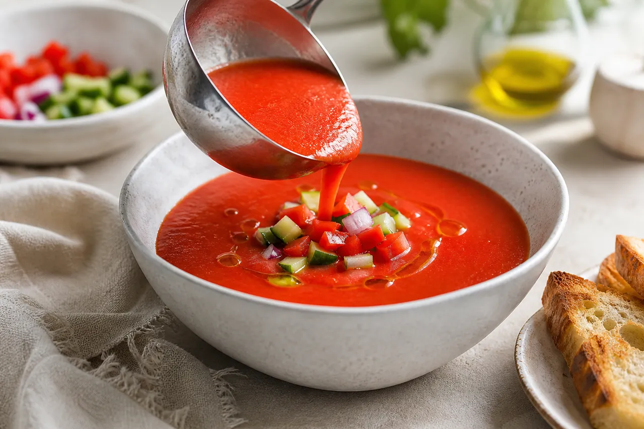Spanish gazpacho being ladled into a bowl with diced cucumber and pepper garnish, olive oil, and toasted bread.
