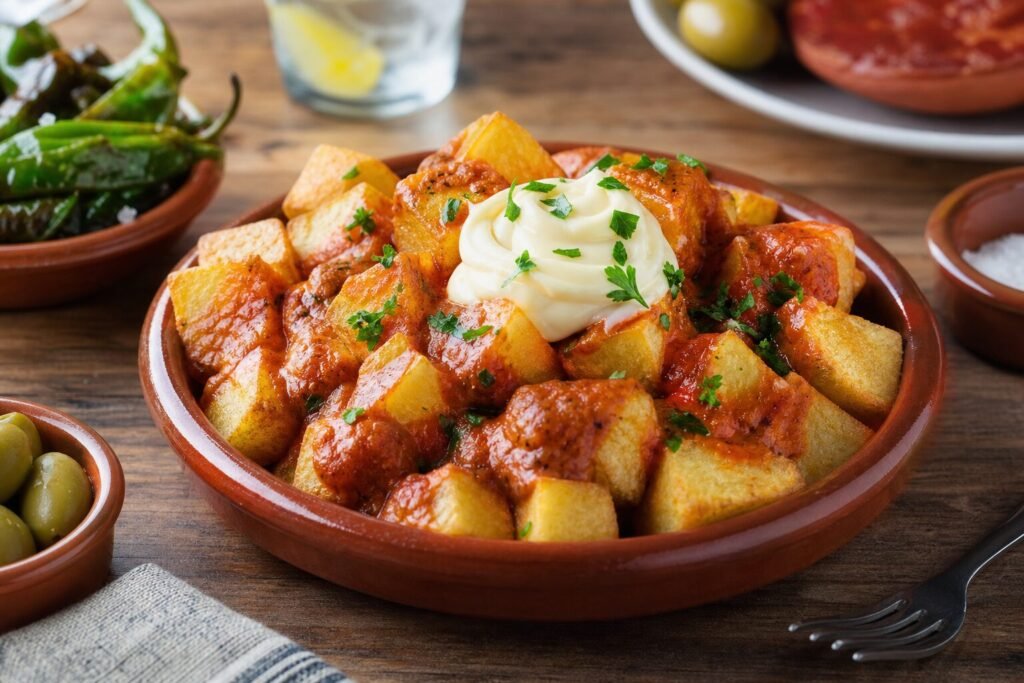Crisp Spanish patatas bravas with smoky tomato bravas sauce, garlic aioli, and parsley.
