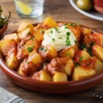Crisp Spanish patatas bravas with smoky tomato bravas sauce, garlic aioli, and parsley.