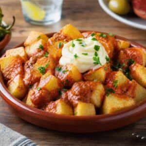 Crisp Spanish patatas bravas with smoky tomato bravas sauce, garlic aioli, and parsley.