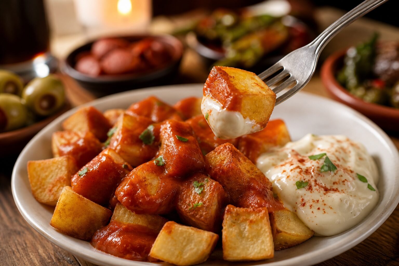 A close-up Spanish patatas bravas potato cube with smoky sauce and garlic aioli.