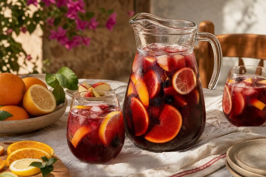 A pitcher and glasses of Spanish sangria with red wine, citrus slices, apples, berries, and ice.