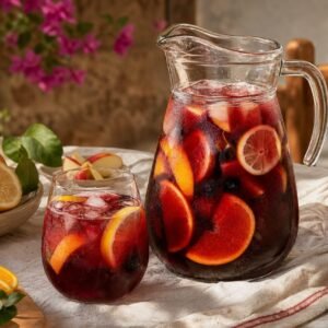 A pitcher and glasses of Spanish sangria with red wine, citrus slices, apples, berries, and ice.