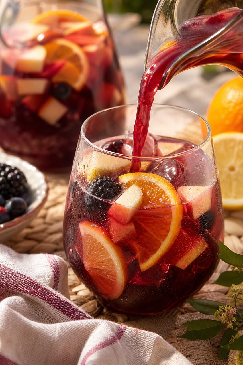 A chilled glass of Spanish sangria with citrus, apple, berries, and ice beside a pitcher.