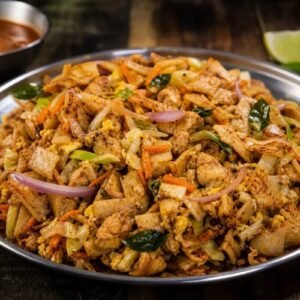 Sri Lankan chicken kottu roti with chopped flatbread, vegetables, egg, and curry leaves.