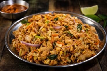 Sri Lankan chicken kottu roti with chopped flatbread, vegetables, egg, and curry leaves.