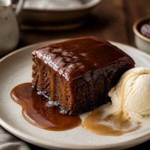Warm British sticky toffee pudding with glossy toffee sauce and melting vanilla ice cream.
