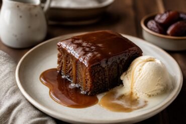 Warm British sticky toffee pudding with glossy toffee sauce and melting vanilla ice cream.