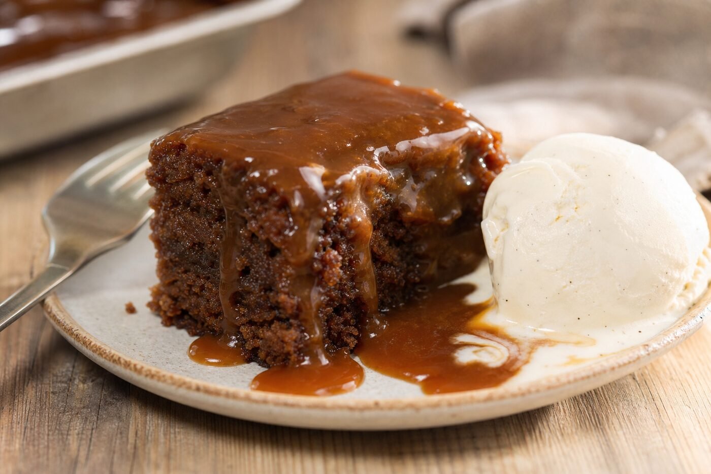 Close-up of moist sticky toffee pudding covered in warm toffee sauce beside vanilla ice cream.