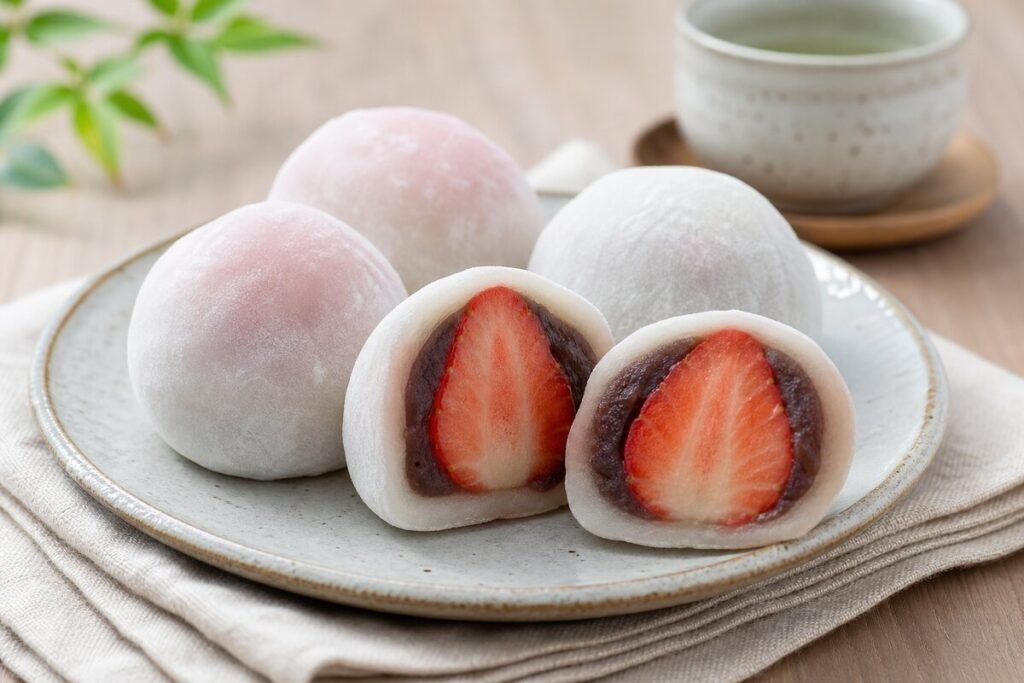Japanese strawberry daifuku mochi with soft white shells, sweet red bean paste, and whole strawberry centers.