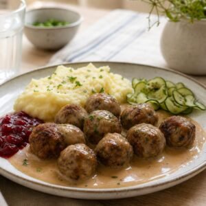 Swedish meatballs with creamy gravy, mashed potatoes, lingonberry jam, and pickled cucumber.