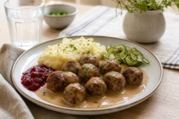 Swedish meatballs with creamy gravy, mashed potatoes, lingonberry jam, and pickled cucumber.