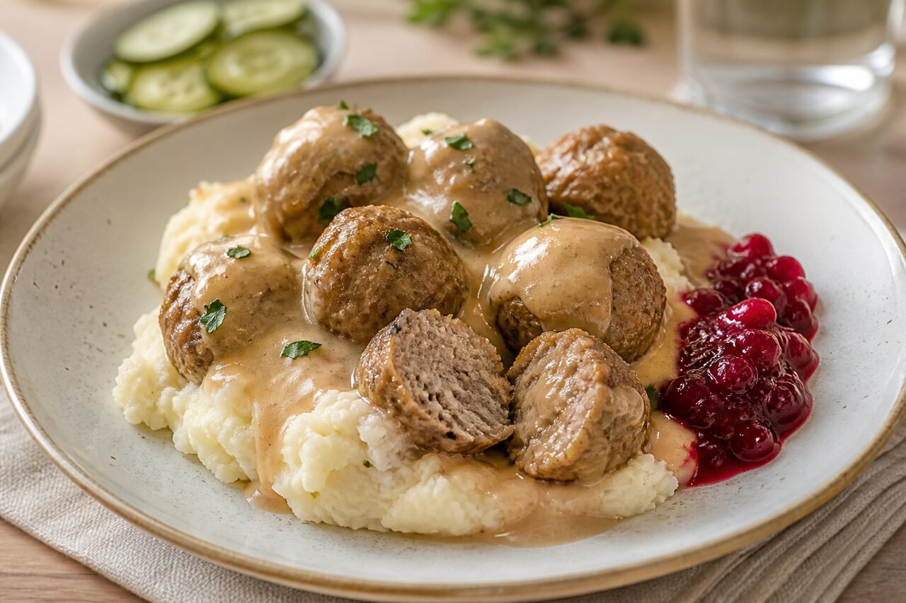 A close serving view of Swedish meatballs with cream gravy over mashed potatoes beside lingonberry jam.