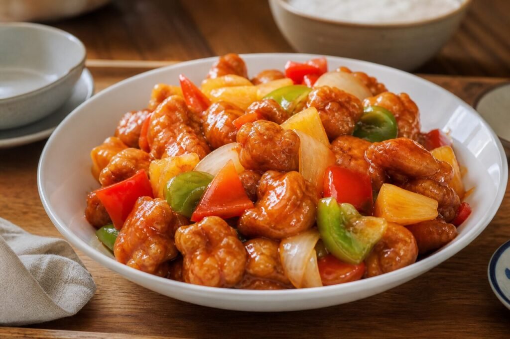 Chinese sweet and sour pork with crisp battered pork, pineapple, bell peppers, onion, and glossy sauce.