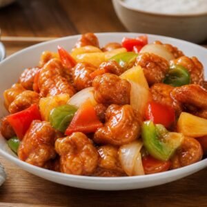 Chinese sweet and sour pork with crisp battered pork, pineapple, bell peppers, onion, and glossy sauce.
