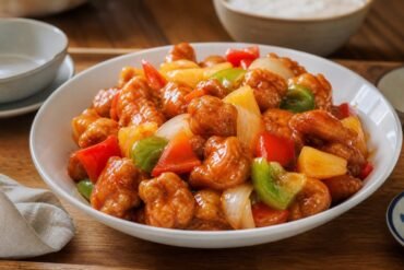 Chinese sweet and sour pork with crisp battered pork, pineapple, bell peppers, onion, and glossy sauce.