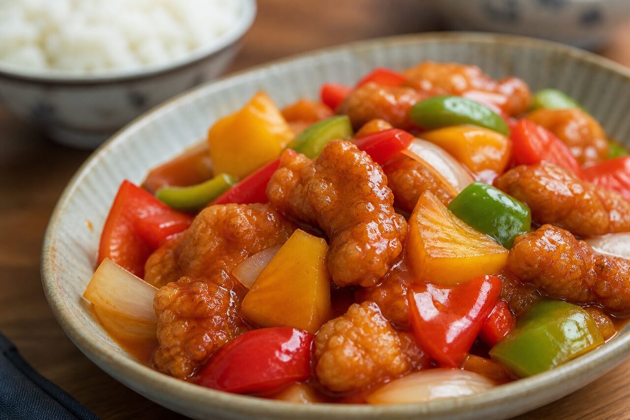 A close serving view of sweet and sour pork with crisp pork, pineapple, peppers, onion, and orange-red sauce.