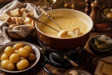 A bubbling Swiss cheese fondue with bread, potatoes, and pickles on a cozy Alpine table.