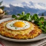 Swiss rösti with a crisp golden potato crust, melted Gruyere, fried egg, herbs, and salad.