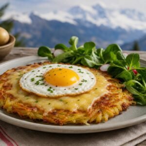 Swiss rösti with a crisp golden potato crust, melted Gruyere, fried egg, herbs, and salad.