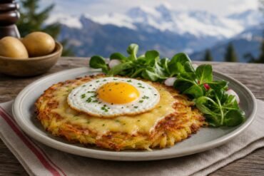 Swiss rösti with a crisp golden potato crust, melted Gruyere, fried egg, herbs, and salad.