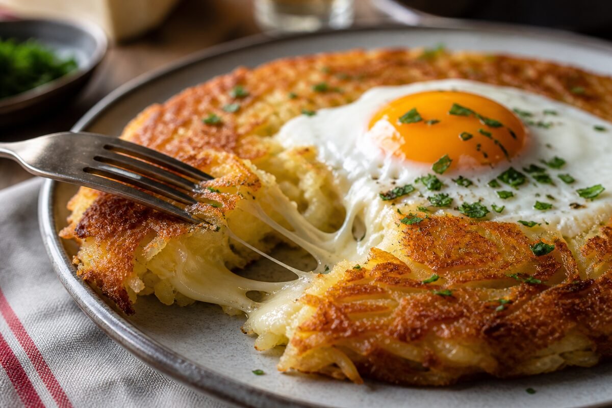 Close serving of Swiss rösti showing crisp shredded potato, melted cheese, fried egg, and herbs.
