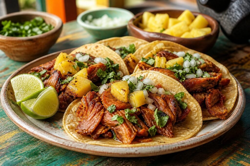 Mexican tacos al pastor with caramelized pork, pineapple, onion, cilantro, and lime.