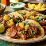Mexican tacos al pastor with caramelized pork, pineapple, onion, cilantro, and lime.