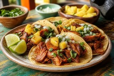 Mexican tacos al pastor with caramelized pork, pineapple, onion, cilantro, and lime.