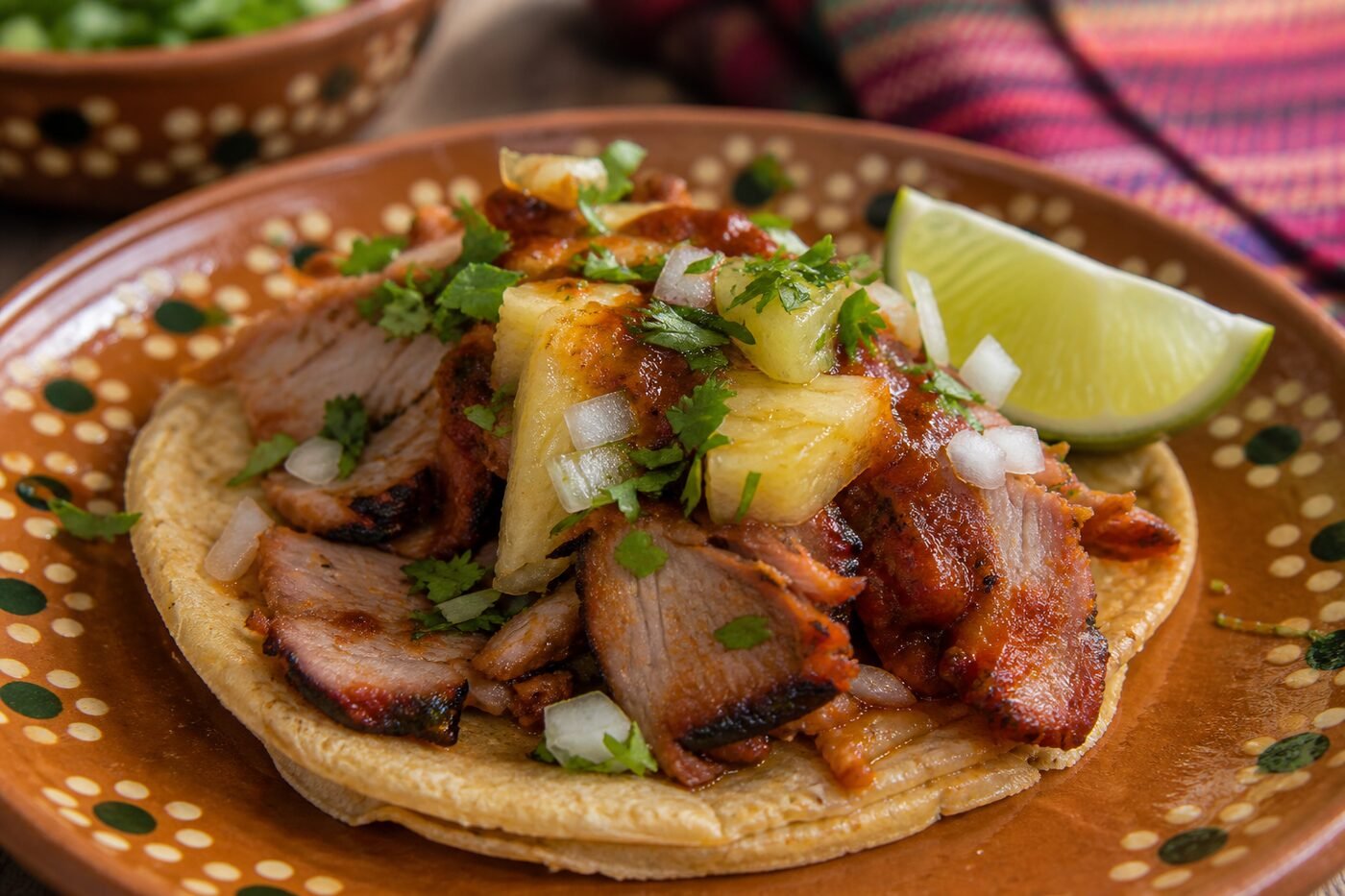 A close-up taco al pastor filled with juicy pork, pineapple, onion, cilantro, and salsa.